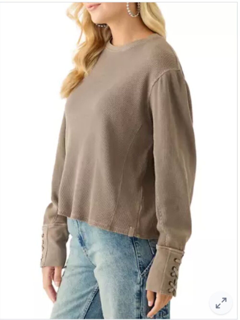 Free People Lapis Cuff Crew Neck Long Sleeve T-Shirt Waffle Knit Taupe Dune XS - Picture 4 of 9